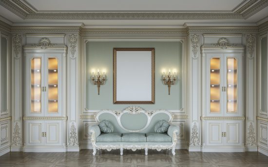 ?lassic interior in olive colors with wooden wall panels, showcases, sconces, frame and sofa . 3d rendering.